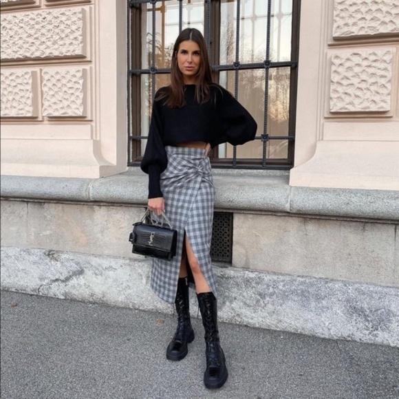 ZARA GRAY PLAID SKIRT FAUX WRAP WITH KNOT XS - Picture 10 of 14